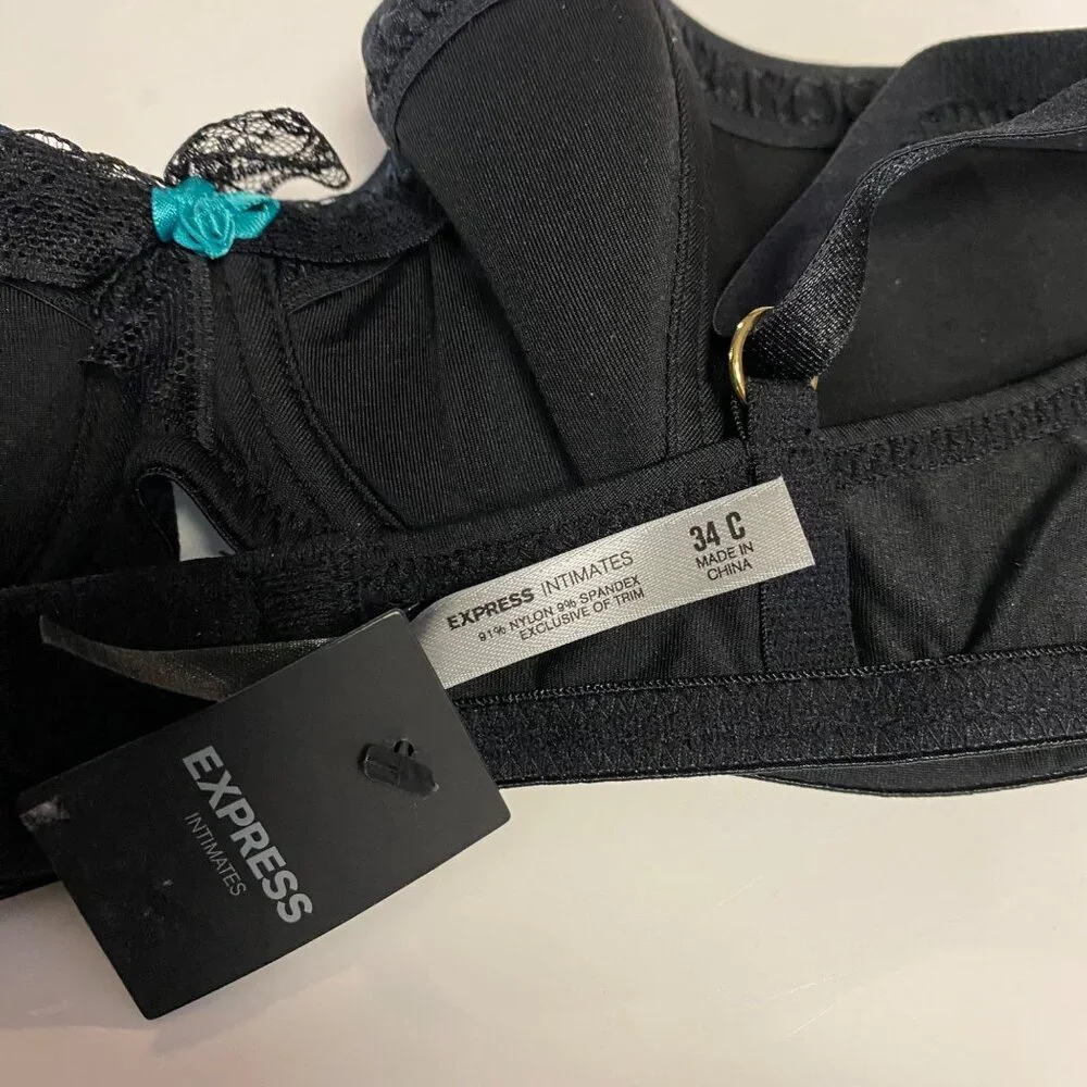 Express Intimates Black Bra Underwire‎ Lace Trim With Bow Accents  36C NSWT
